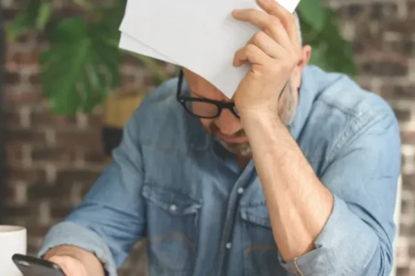 Man in a denim shirt pressing a sheaf of papers against his lowered forehead
