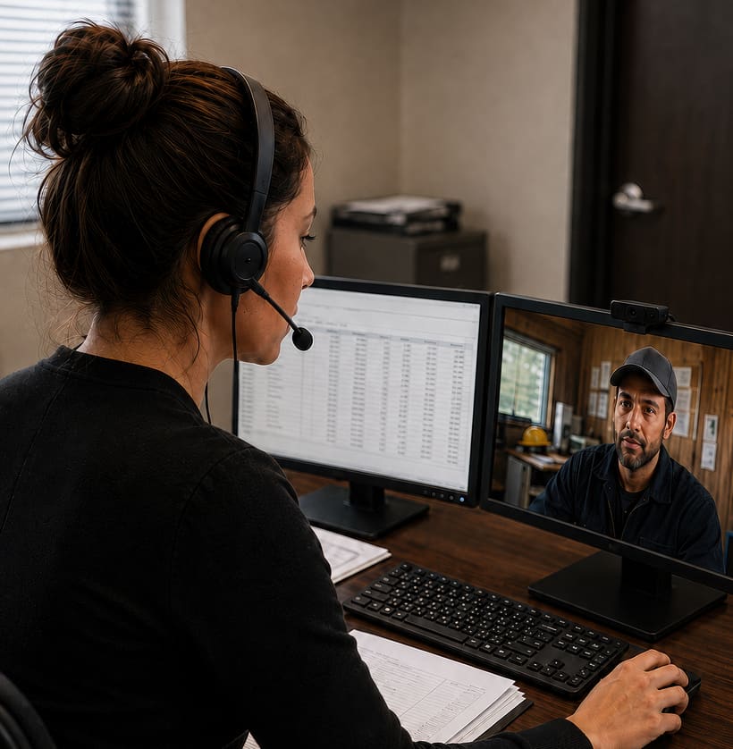 Woman wearing a headset at a two-monitor desk, a spreadsheet open beside a video call