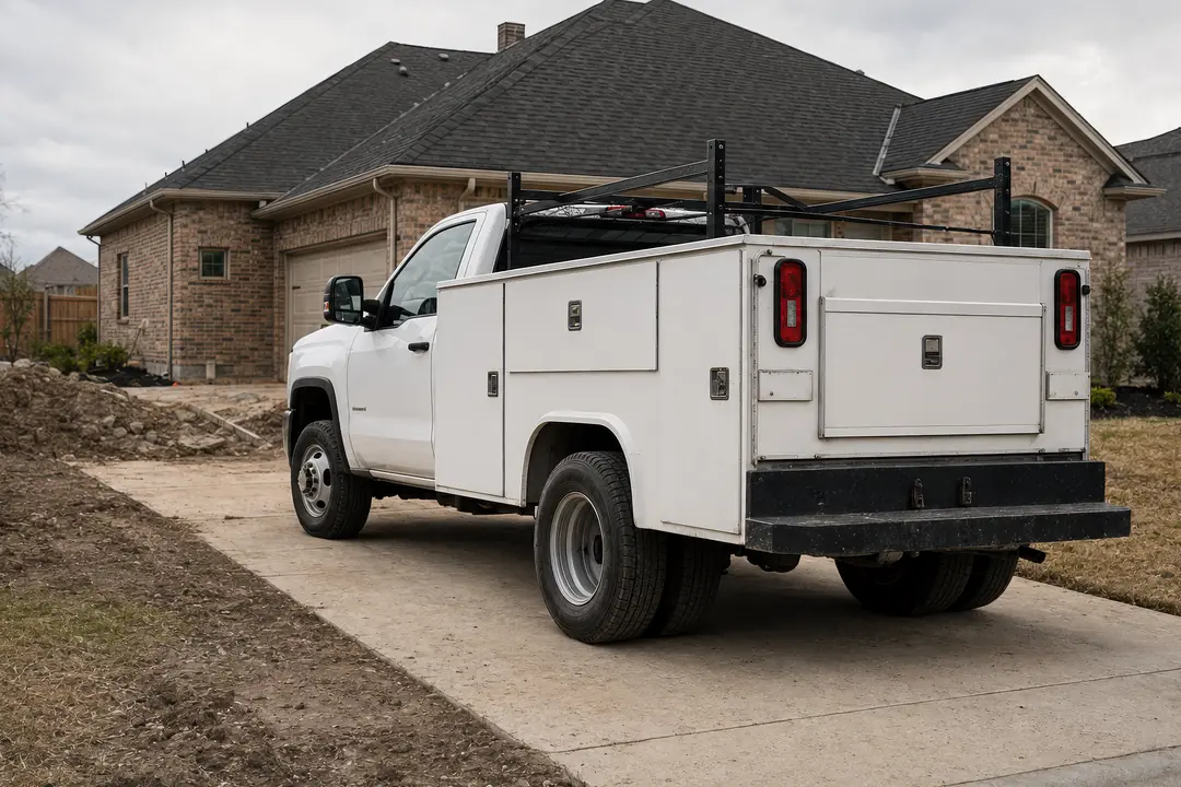 White utility truck with a ladder rack parked on a driveway by a house