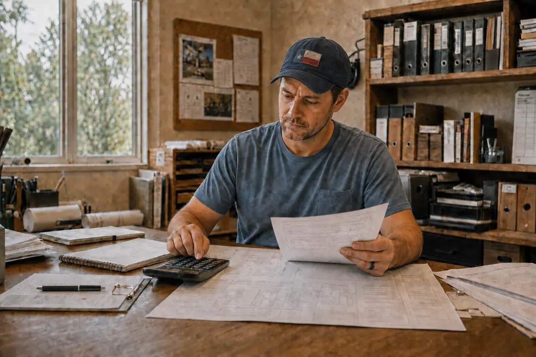 Man in a cap tapping a desk calculator beside blueprints spread across a table