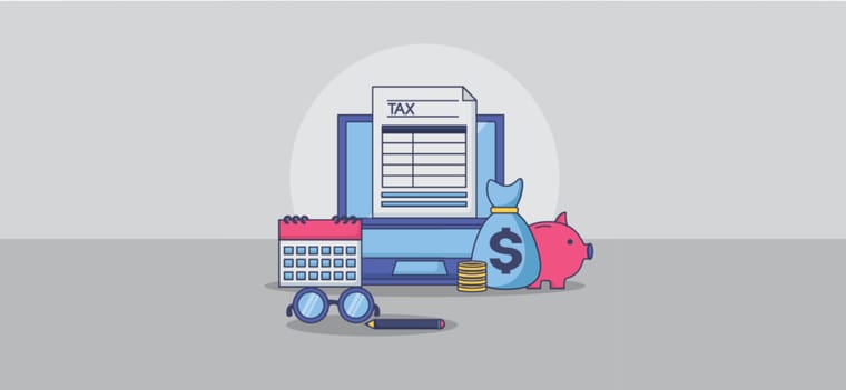 Flat illustration of a TAX form on a monitor with piggy bank and coins