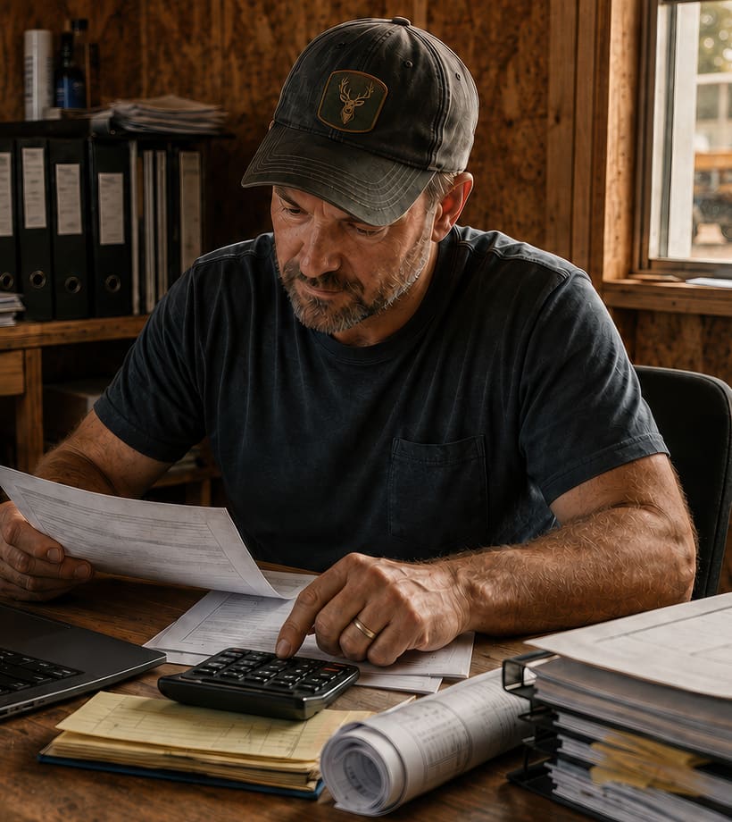 Man in a cap checking a printed statement against a desk calculator