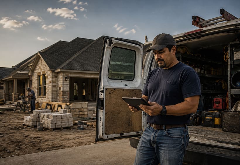 Man checking a tablet beside the open doors of a van loaded with tools