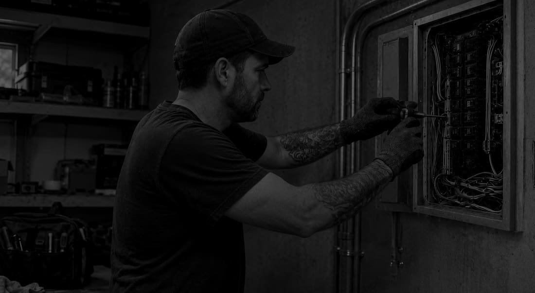 Man in a cap and work glove reaching into an open electrical panel