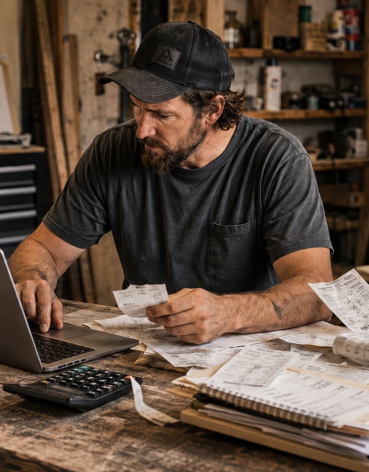 Bearded man holding a receipt at a bench strewn with papers, laptop and calculator