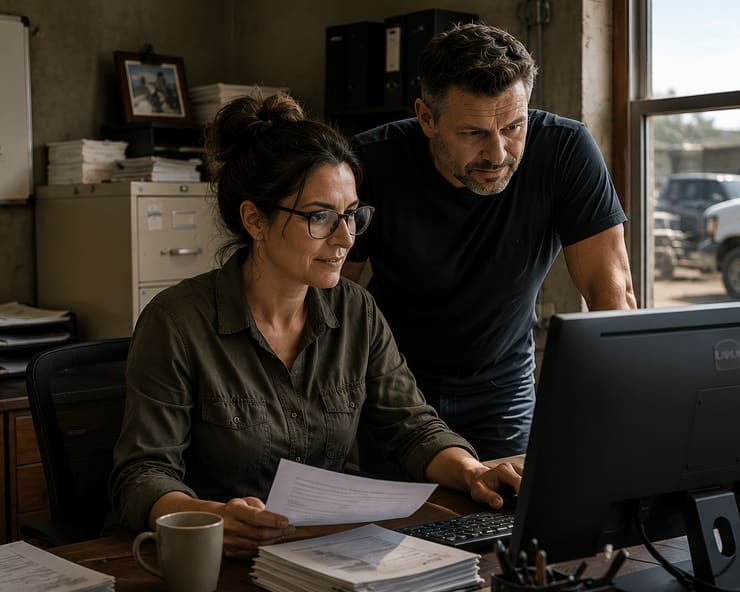 Two people at a desk reading the same monitor, filing cabinet and papers behind