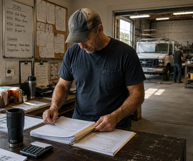 Man turning pages in a thick binder at a shop counter, job list behind