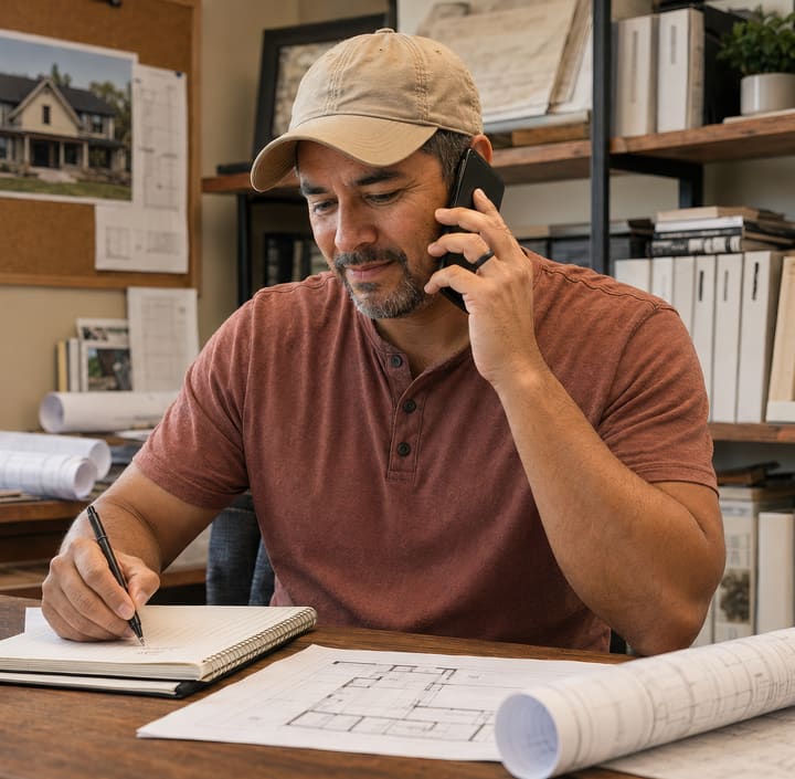 Man in a cap taking a phone call while writing notes over rolled blueprints