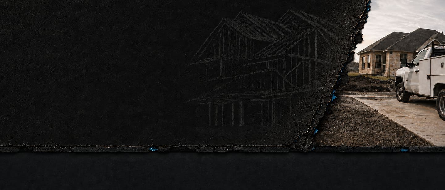 Torn dark sheet sketched with a house frame, beside a truck at a building site