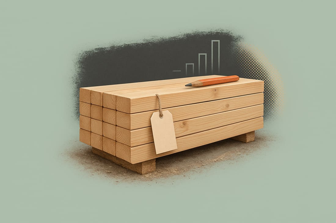 Stack of dimensional lumber boards on a pallet with a blank paper price tag and a carpenter's pencil resting on top.