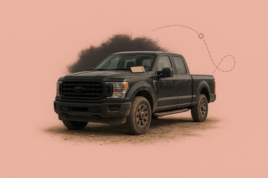 Mud-dusted black work truck parked on a dry caliche patch, with a faint dashed route arc graphic behind it on a dusty-rose background.