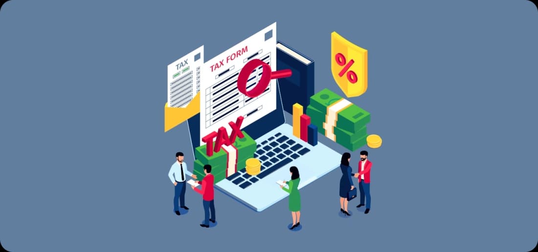 Isometric illustration of small figures beside a laptop, TAX forms, banknotes and coins