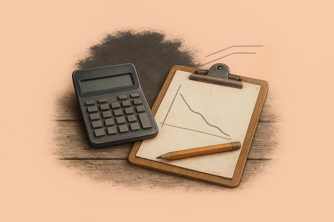 Black calculator and wooden clipboard with an abstract declining cost-curve sketch and pencil on a weathered plank surface.