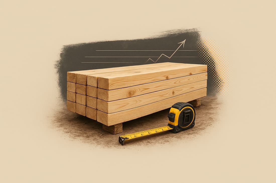 A stacked bundle of lumber sits on wooden pallets beside a yellow tape measure, with a rising price chart in the background.