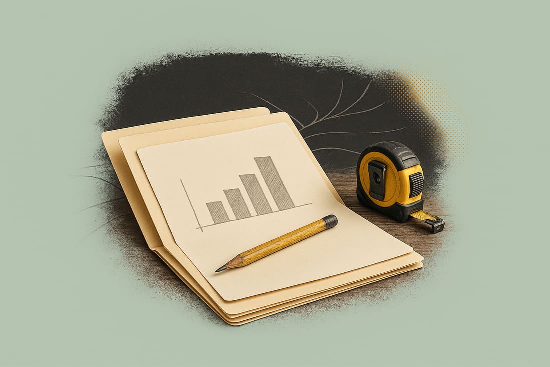 Worn pencil resting on a hand-drawn bar chart inside an open manila folder, with a yellow contractor's tape measure beside it on a wood surface.