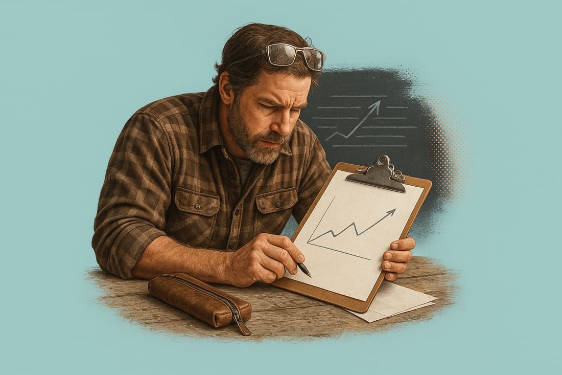Contractor in a flannel shirt leans over a clipboard, reviewing bookkeeping paperwork at his desk