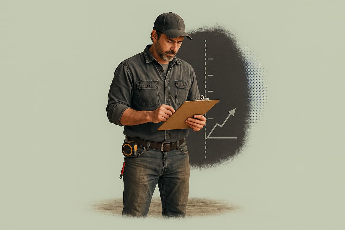 Handyman in worn denim and work shirt reviews a clipboard showing an abstract rising trend chart, tape measure on his belt.