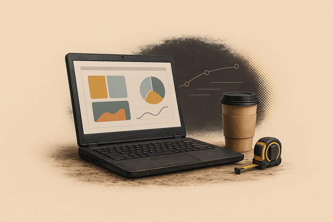 Ruggedized contractor laptop showing an abstract dashboard beside a takeout coffee cup and tape measure on a weathered wood surface.