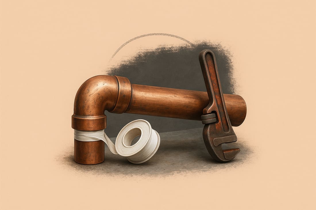Copper elbow pipe fitting with thread tape and a pipe wrench resting together on a bare surface, mid-installation.