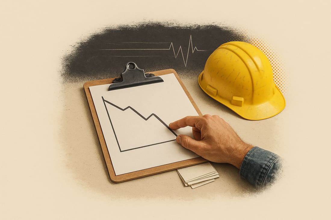 Contractor's hand tracing a dipping trend line on a clipboard beside a yellow hard hat and folded payment slips on a desk.