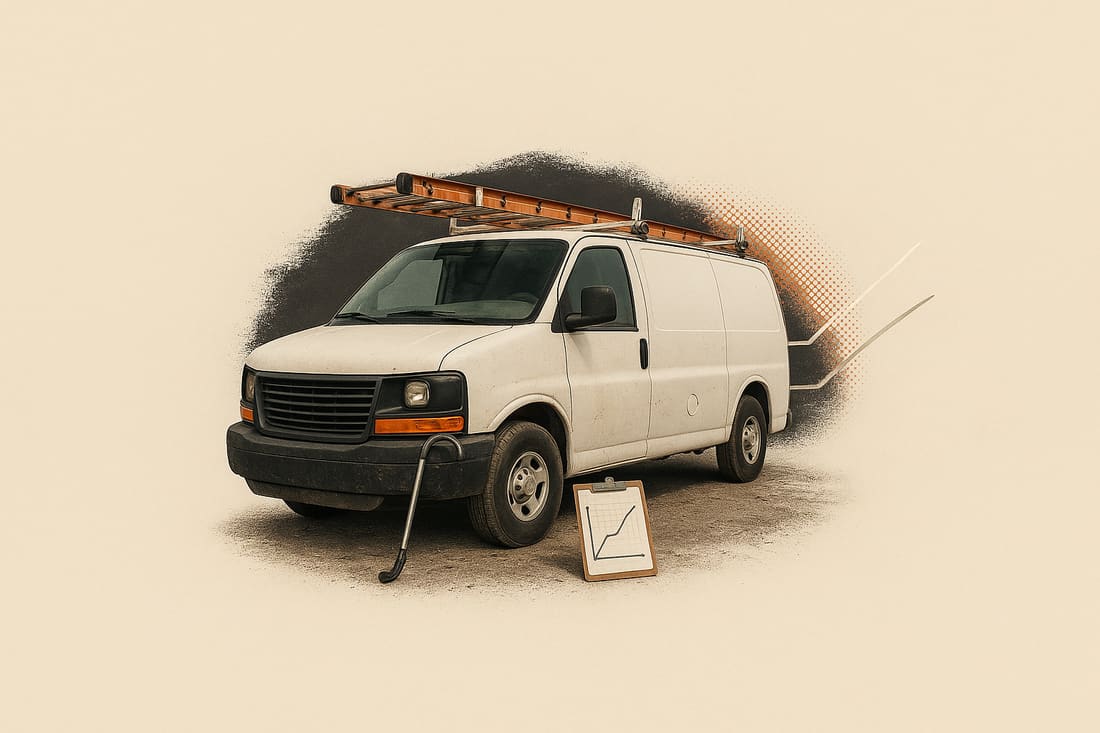 Well-used white electrical service van with a roof ladder rack, a conduit bender leaning on the bumper, and a clipboard propped against the front tyre.