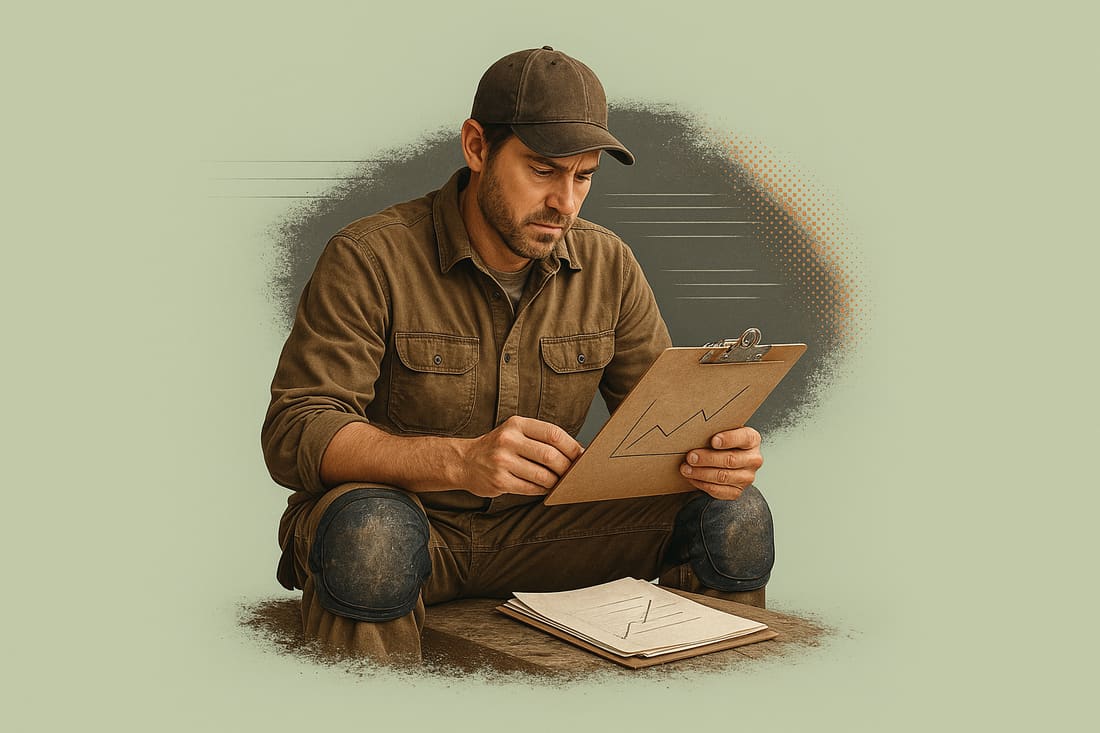 Flooring contractor in worn canvas shirt and knee pads sits reviewing an abstract line-chart clipboard with blank papers stacked beneath it.
