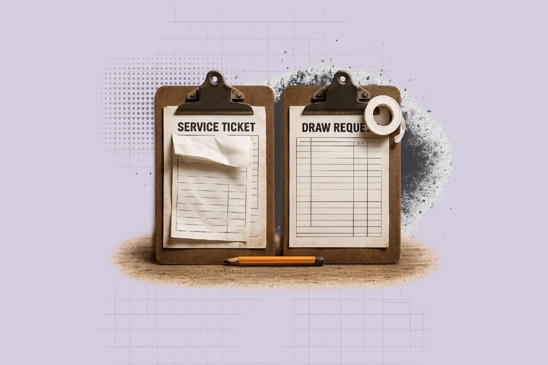Two worn clipboards hold a service ticket and a draw request form, beside a pencil and roll of tape on a dusty surface.
