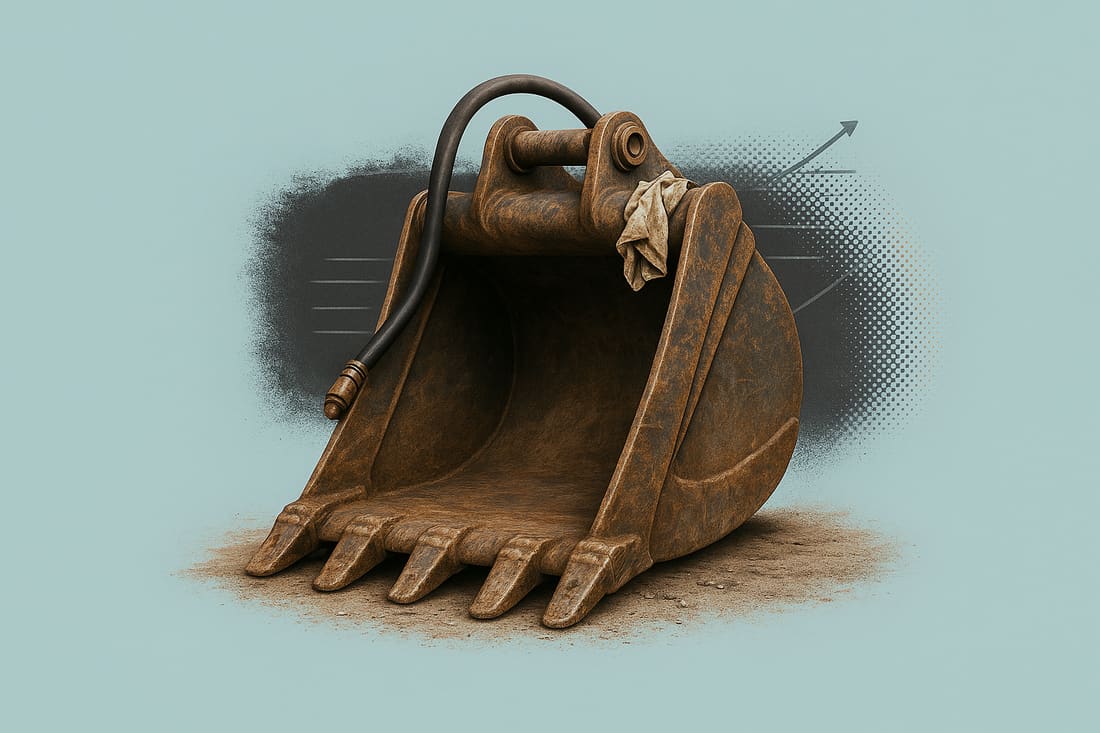 Heavily worn excavator bucket with clay-caked teeth, a draped hydraulic hose, and a grease rag tucked near the pin joint.