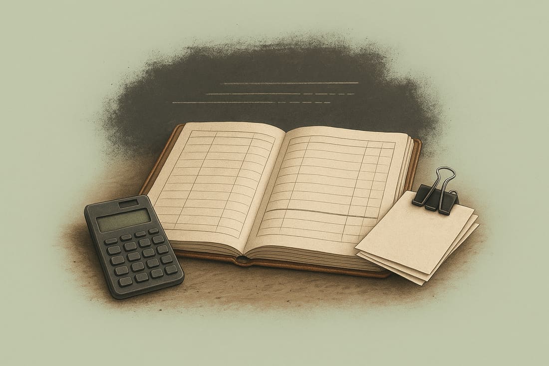 Worn leather ledger open to blank ruled pages beside a dark calculator and binder-clipped papers on a scuffed wood surface.
