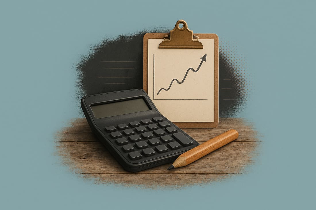 A black calculator, pencil, and clipboard with an upward-trending growth chart sit on a wooden surface.