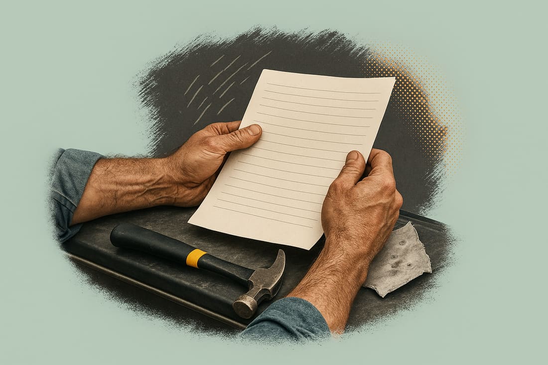 Contractor's calloused hands hold a blank lined sheet above a dark work surface beside a claw hammer and torn metal scrap.