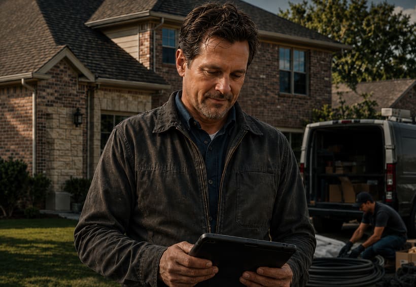 Man in a worn work jacket reading a tablet outside a brick house
