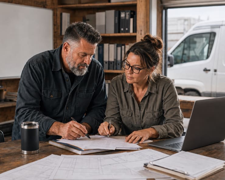 Two people going over paperwork at a desk, a white van outside the open door