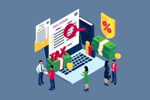 Isometric illustration of tiny figures around a laptop, TAX forms, cash and a magnifier