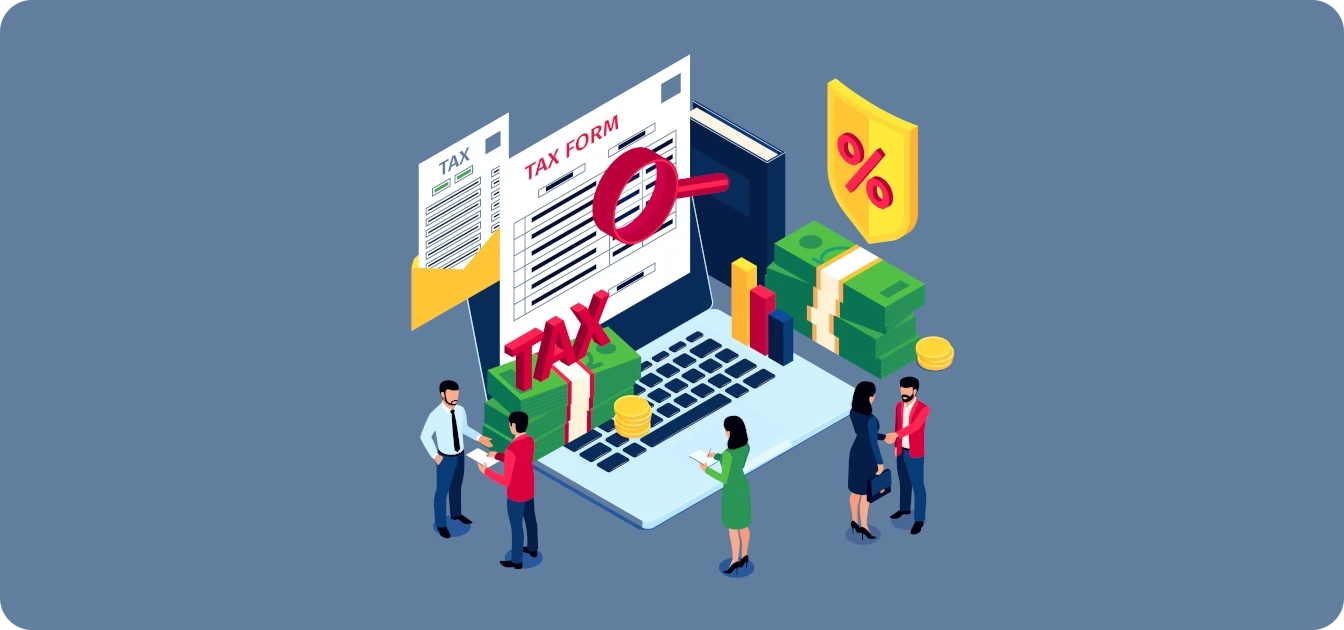 Isometric illustration of small figures beside a laptop, TAX forms, banknotes and coins