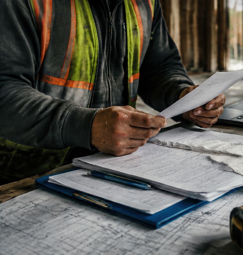 Hands in a hi-vis vest holding a page above a clipboard of paperwork