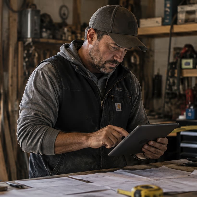 Man in a cap and work jacket tapping a tablet at a workshop bench