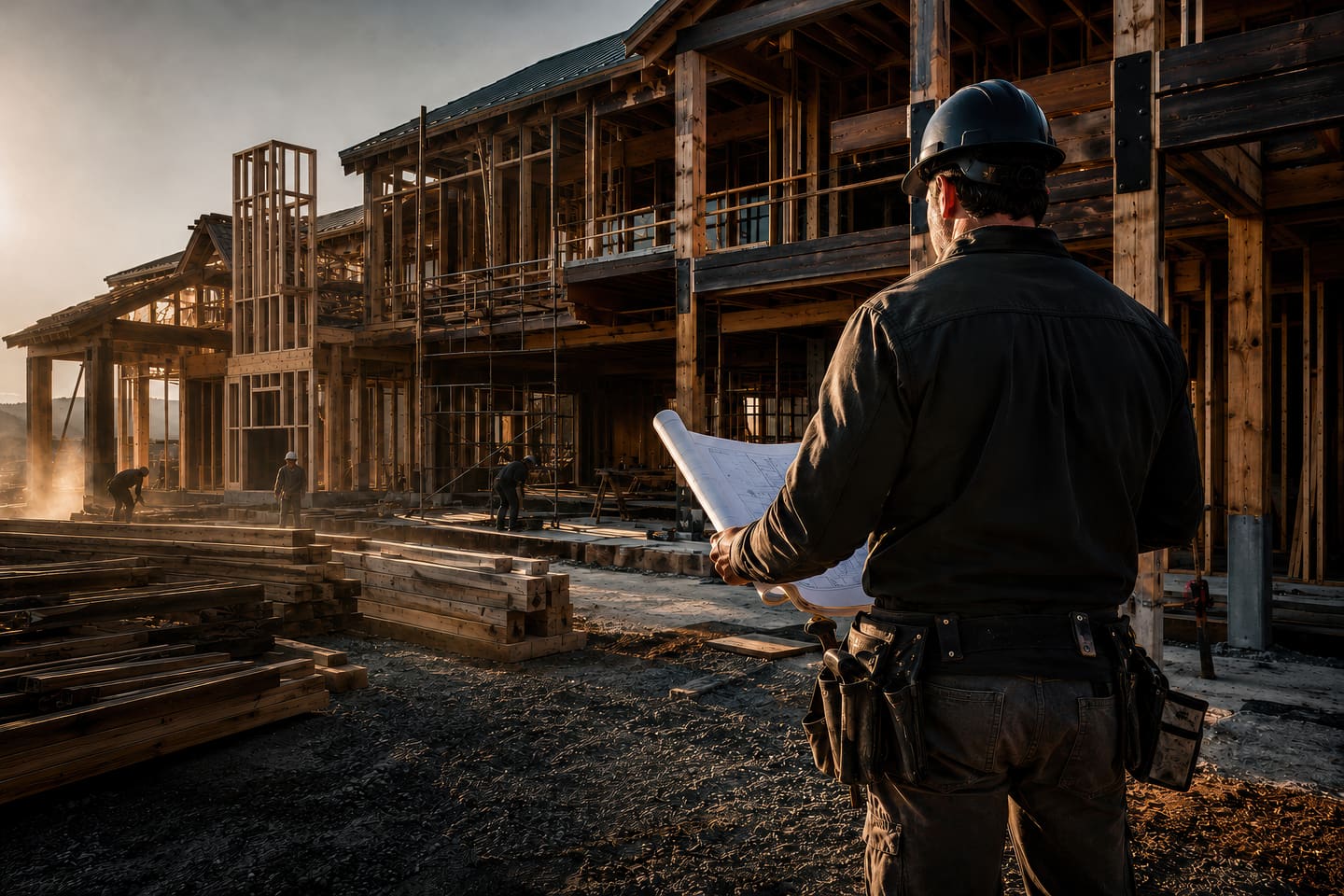 Worker in a hard hat holding unrolled plans before a large timber frame