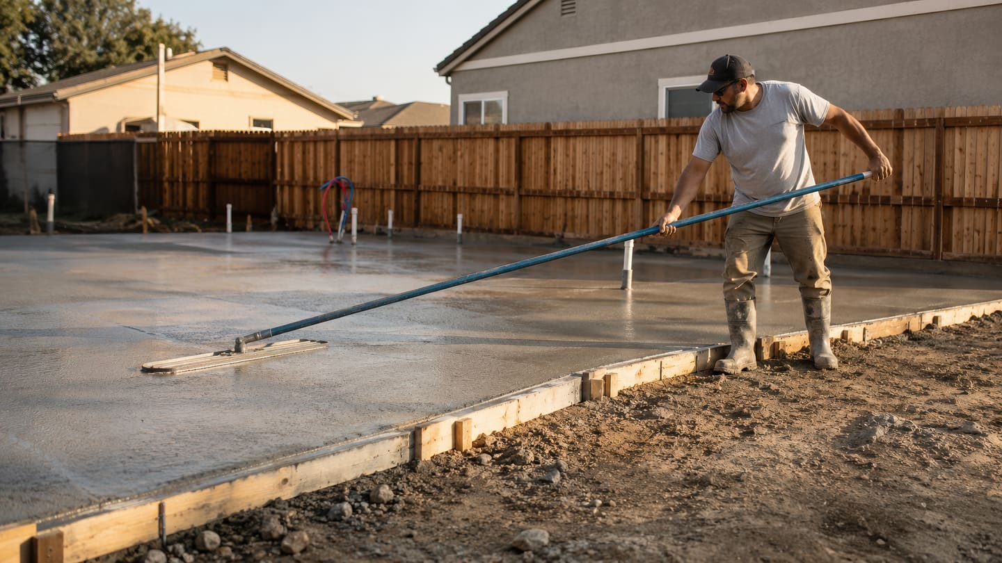 Man pulling a long-handled float across a freshly poured concrete slab