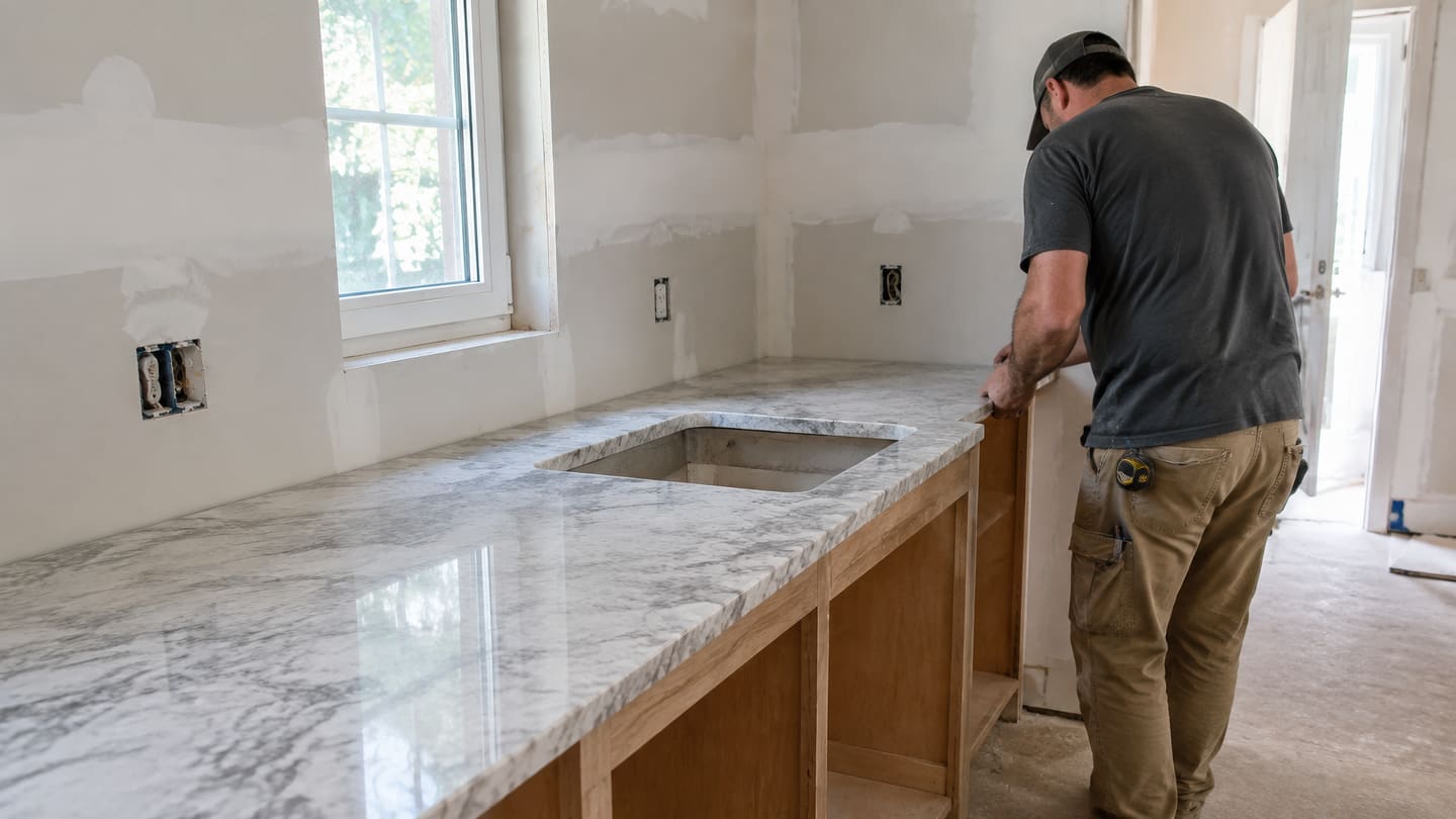 Man steadying a veined stone countertop over cabinet boxes in an unfinished kitchen