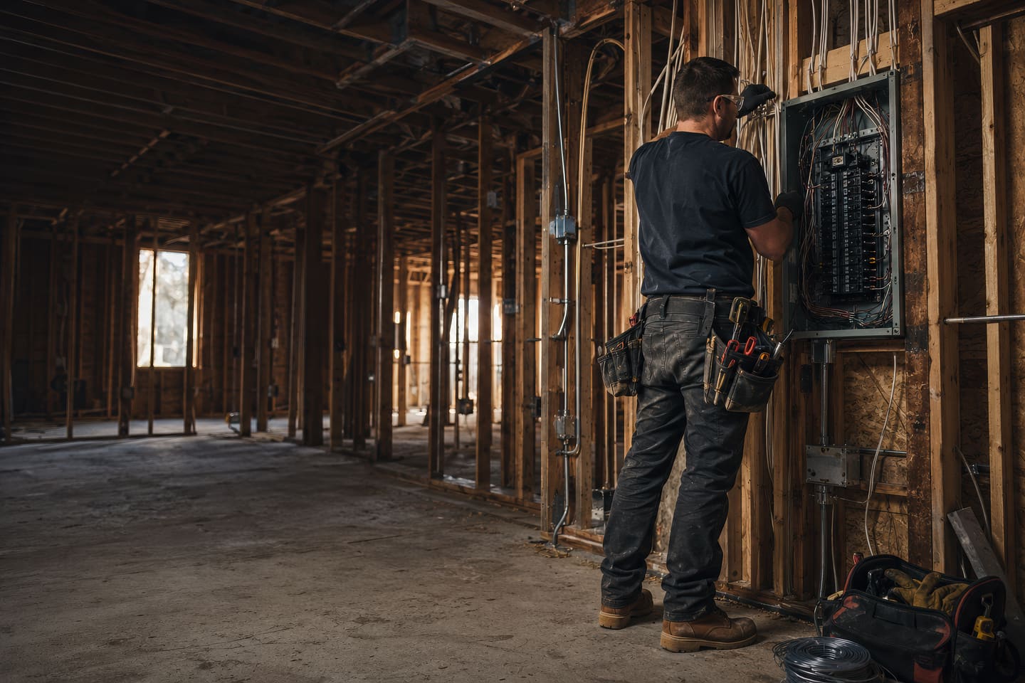 Man at an open breaker panel in a gutted interior of bare studs