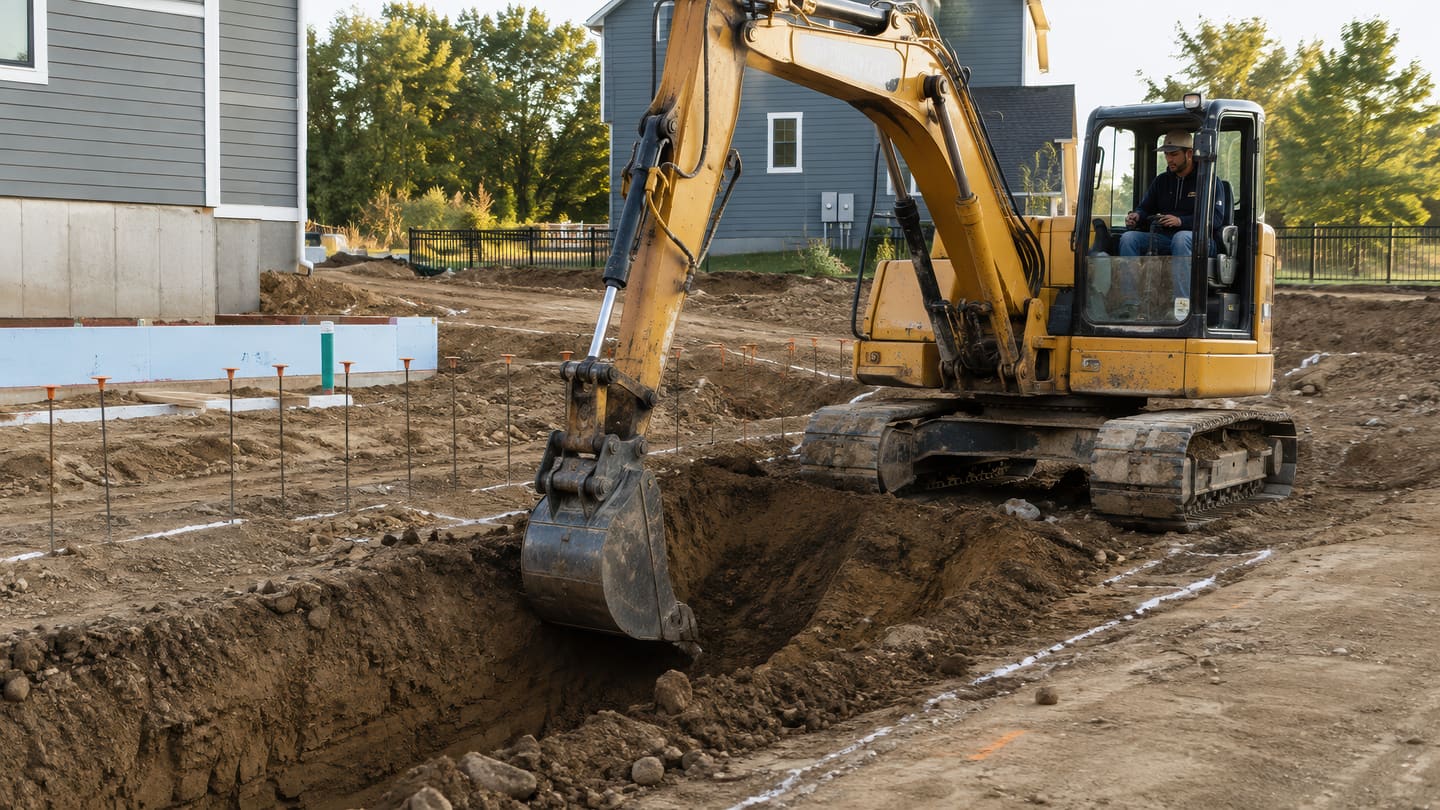 Yellow tracked excavator digging a trench in graded dirt beside a house