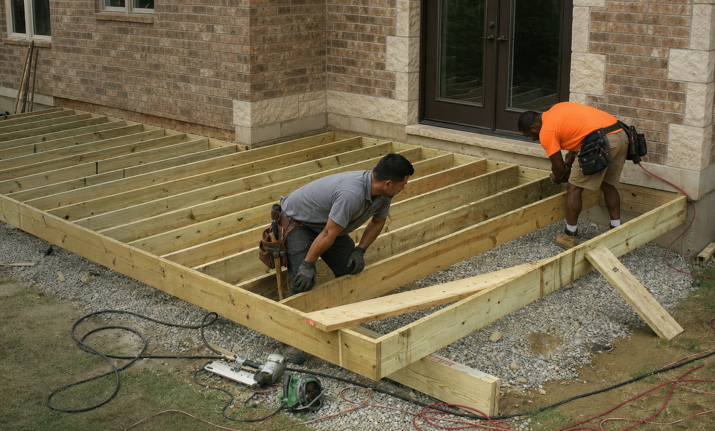 Two people building a ground-level deck frame at the back of a brick house