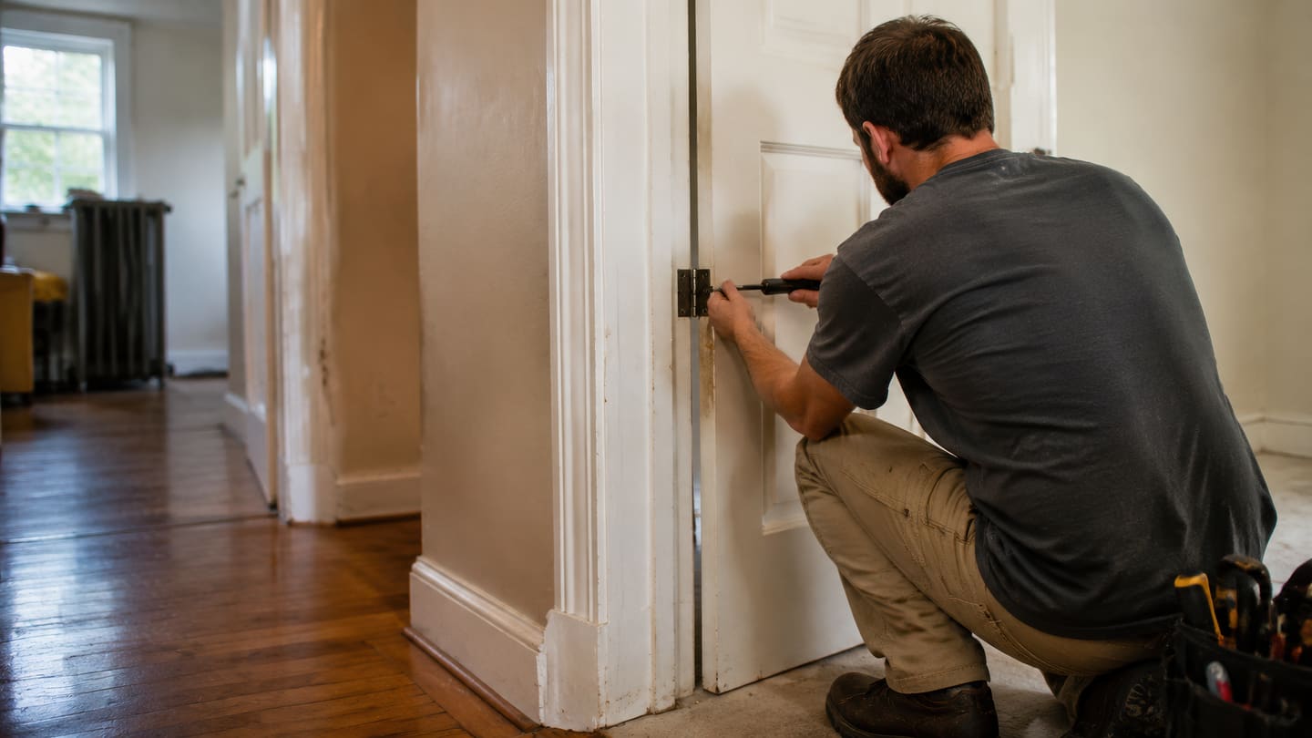 Bearded man crouching in a doorway driving a screw into a white door
