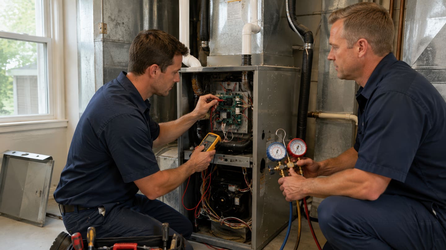 Two workers at an open furnace, one with a meter and one with gauges