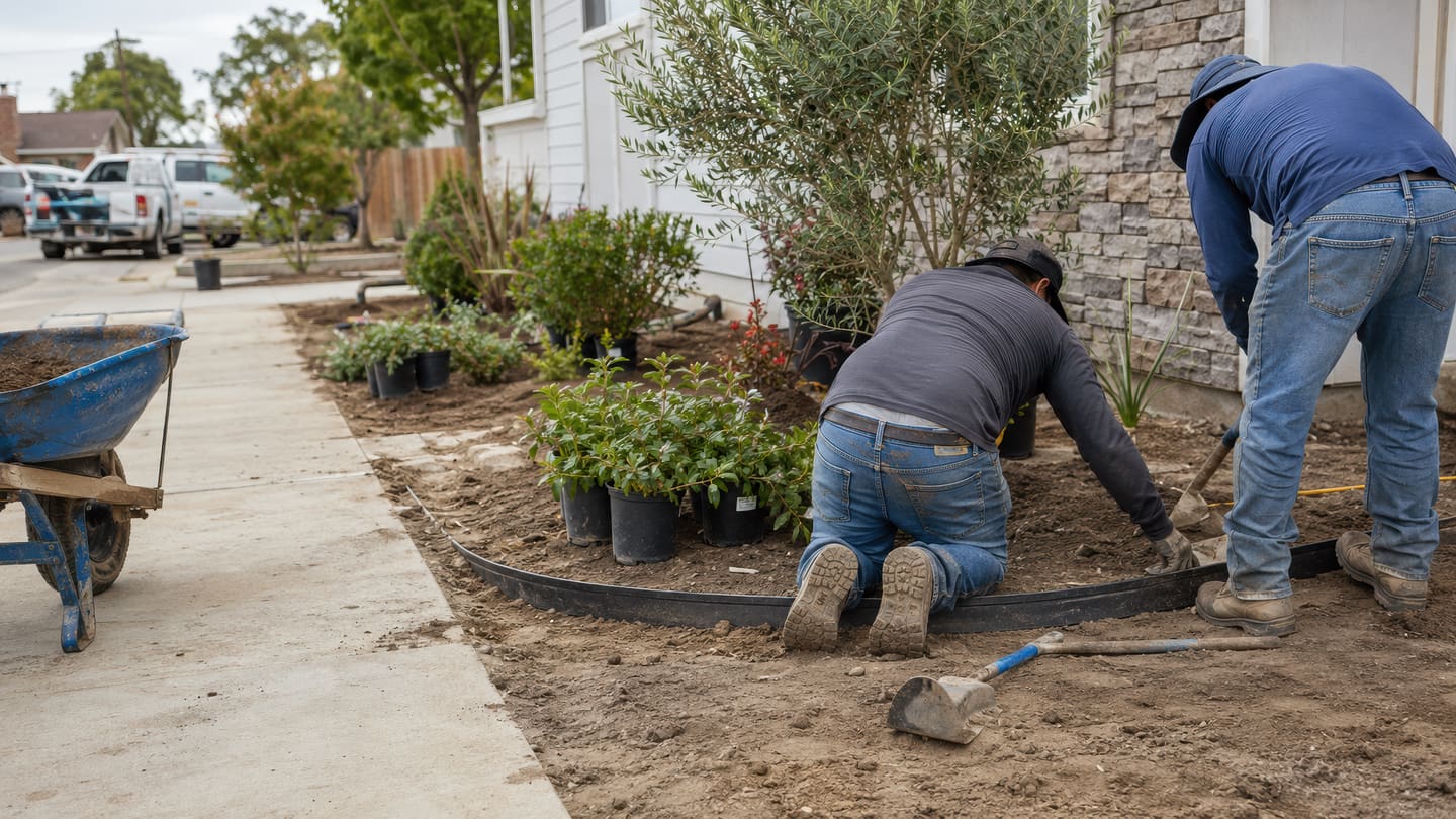 Two people setting black edging and digging a planting bed of potted shrubs