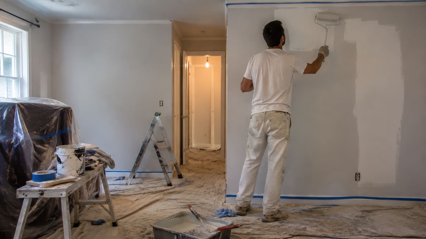 Man in white rolling paint onto a taped wall in a cleared room
