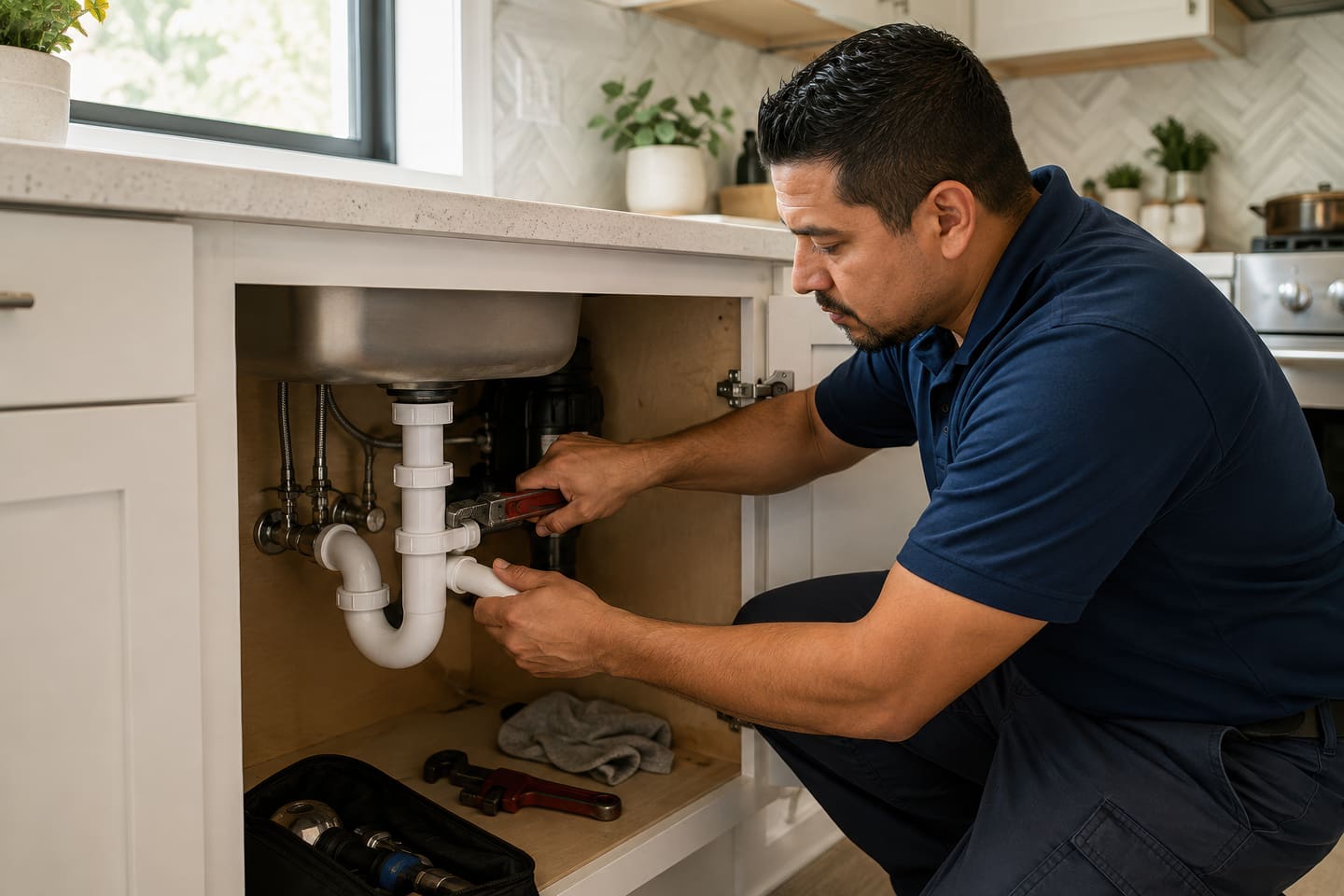 Man in a navy polo turning a wrench on a drain trap under a sink