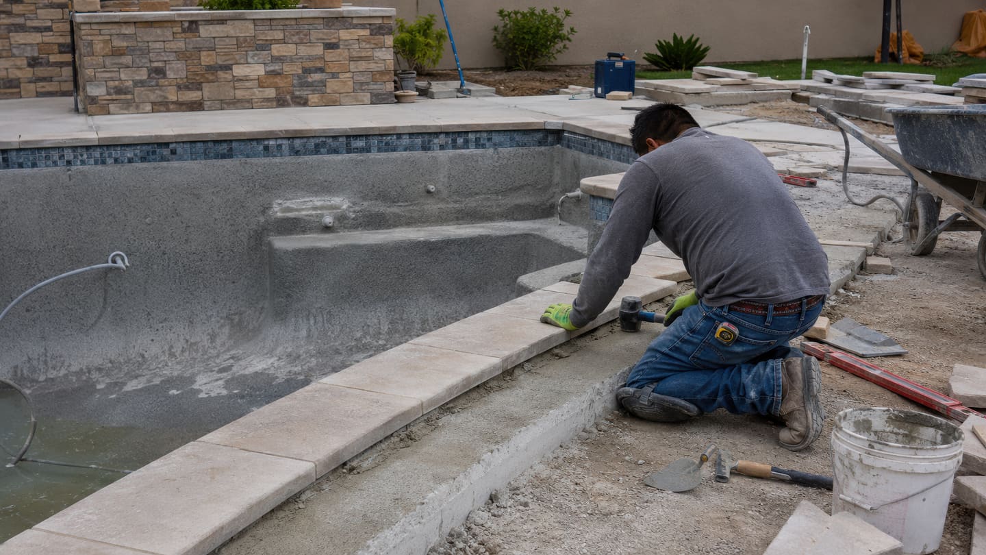 Man kneeling to set a stone coping piece at the edge of a pool shell