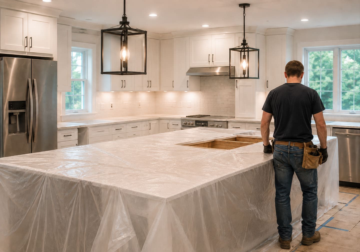 Man in a tool belt facing a kitchen island wrapped in plastic sheeting